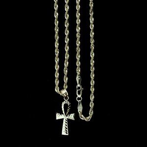 10K Real Gold Rope Chain and Ankh Cross Pendant Set
